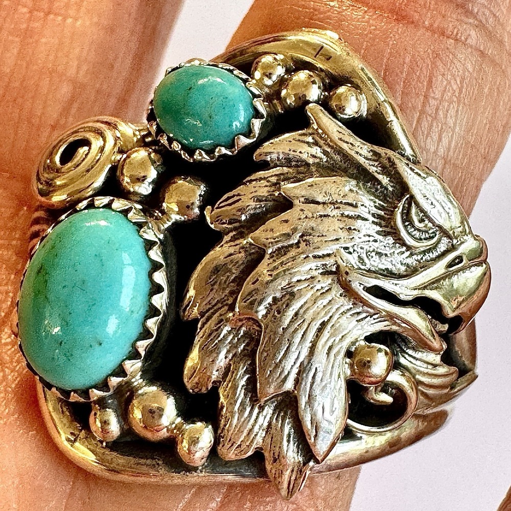 Navajo Eagle Turquoise Mens Ring Sz 14 Sterling Signed DM Native‎ American USA